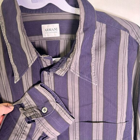 Armani long sleeve striped button-up shirt in blue and gray Size L - Picture 3 of 8